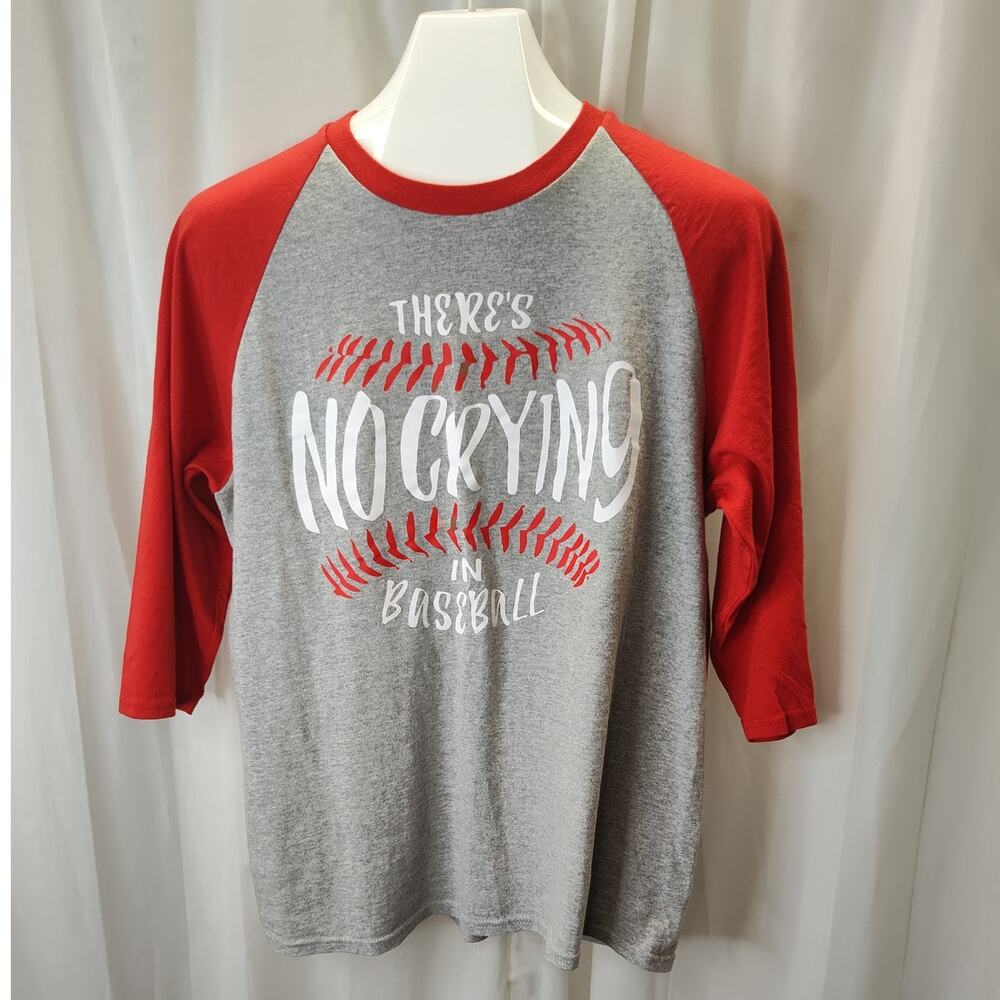 Gildan Red Heather Gray "There's No Crying in Baseball" Henley, M
